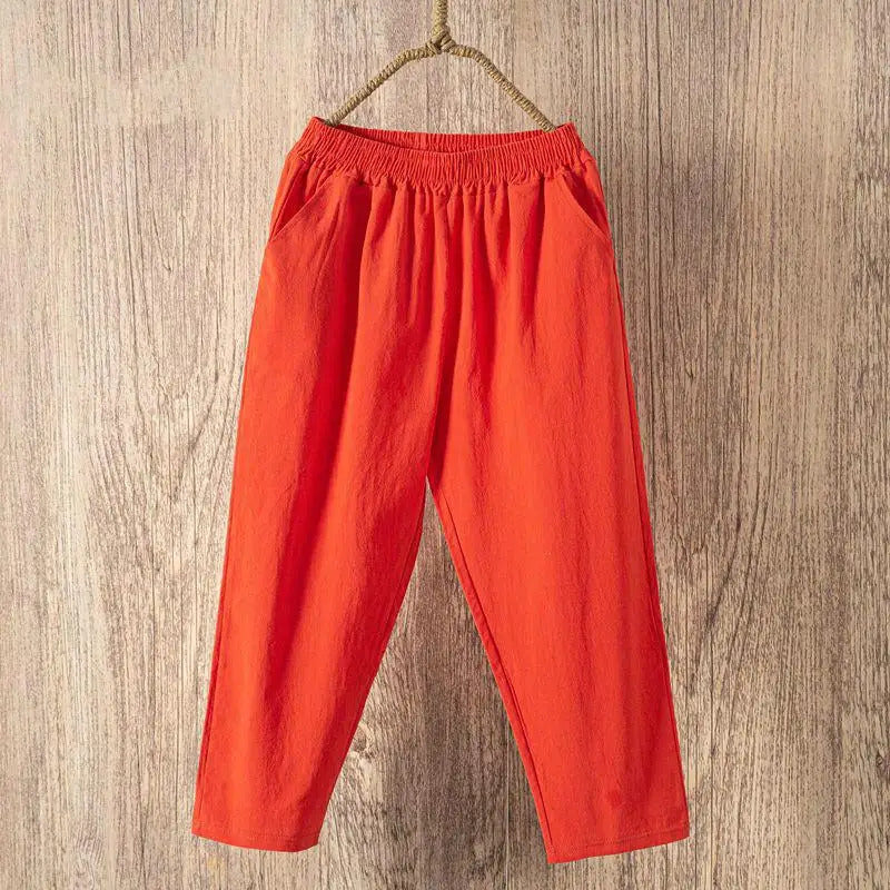 Frauen Sommer Casual Lose Harem Elastische Taille Baumwolle Leinen Hosen Neunte Hosen