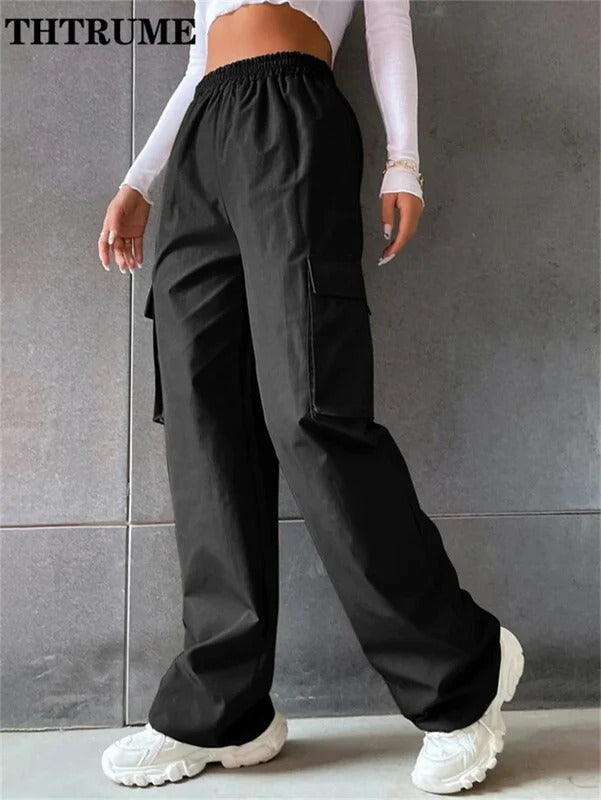 Vintage Streetwear Cargo Hosen Mode Frauen Solide Übergroßen Tasche Hohe Taille Baggy Hose Beiläufige Hip Hop Gerade Neue Hosen