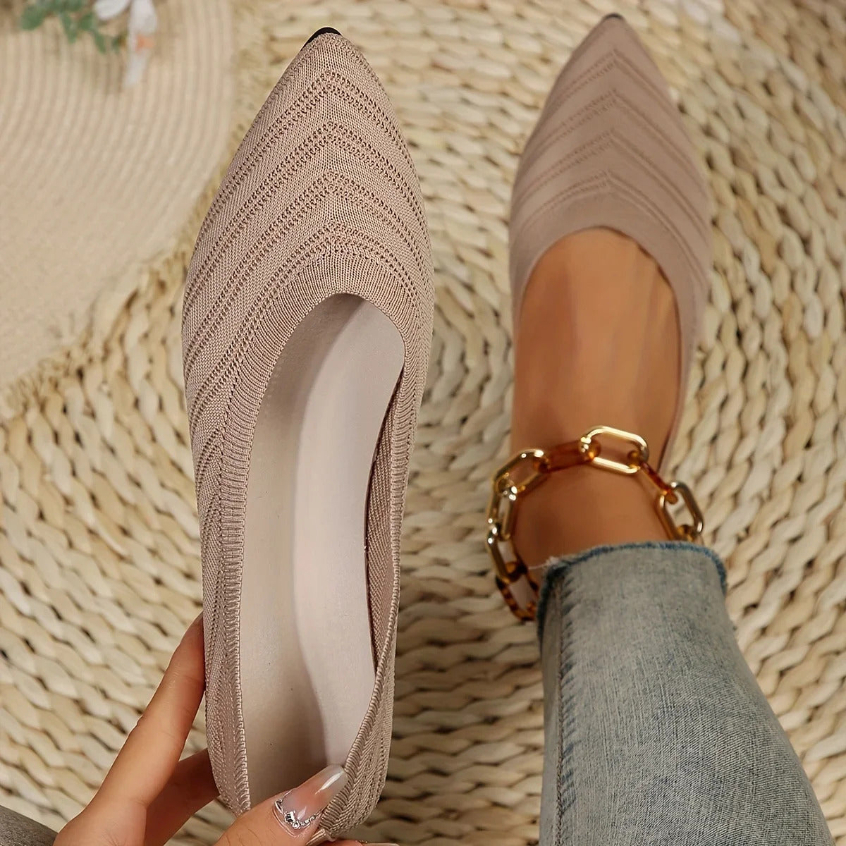 Damen Spitzschuh Flache Schuhe Einfarbig Gestrickte Slip-on-Schuhe Lässige Atmungsaktive Ballerinas Damen Flache Schuhe Müßiggänger Damen