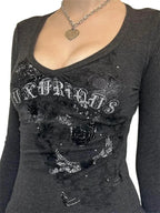 Frauen Langarm T-Shirt Grafik Gothic Print Punk Grunge Y2k ästhetische T-Shirts Frühling Herbst Shirts