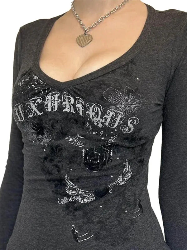 Frauen Langarm T-Shirt Grafik Gothic Print Punk Grunge Y2k ästhetische T-Shirts Frühling Herbst Shirts