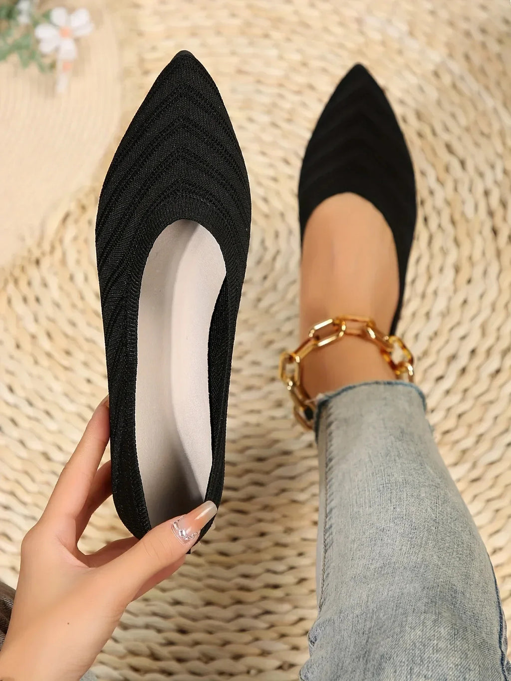 Damen Spitzschuh Flache Schuhe Einfarbig Gestrickte Slip-on-Schuhe Lässige Atmungsaktive Ballerinas Damen Flache Schuhe Müßiggänger Damen