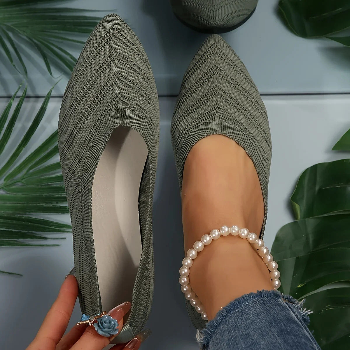 Damen Spitzschuh Flache Schuhe Einfarbig Gestrickte Slip-on-Schuhe Lässige Atmungsaktive Ballerinas Damen Flache Schuhe Müßiggänger Damen