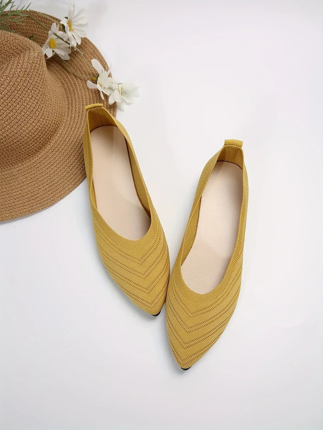 Damen Spitzschuh Flache Schuhe Einfarbig Gestrickte Slip-on-Schuhe Lässige Atmungsaktive Ballerinas Damen Flache Schuhe Müßiggänger Damen