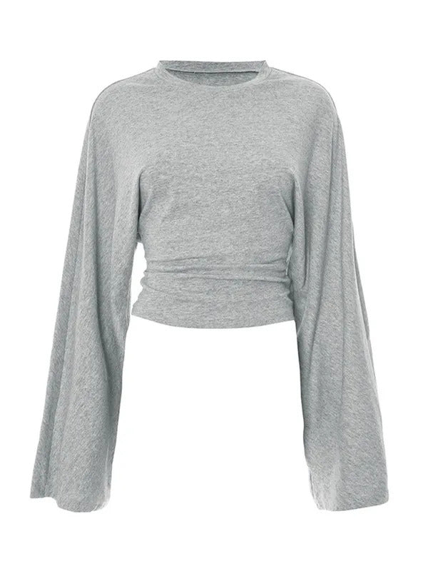 Damen Langarm O-Ausschnitt Skinny T-Shirt Monochromatisches Crop Top Casual Y2K Streetwear Fashion Pullover Sommer Outfit