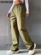 Vintage Streetwear Cargo Hosen Mode Frauen Solide Übergroßen Tasche Hohe Taille Baggy Hose Beiläufige Hip Hop Gerade Neue Hosen