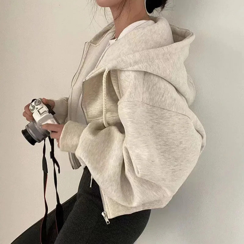 2025Frühling Herbst Neues, mit Fleece gefüttertes, vielseitiges, abgeschnittenes Slims glättet Silhouette mit Reißverschluss, warmes, marineblaues Kapuzen-Sweatshirt für Damen