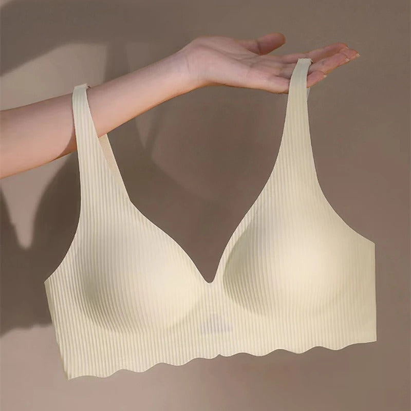 Nahtloser Damen-BH, kleine Brust, großes hohles Design, Unterwäsche-Unterstützung, nicht abnehmbare, halbfeste Körbchen, einteiliger, gestreifter, dünner BH