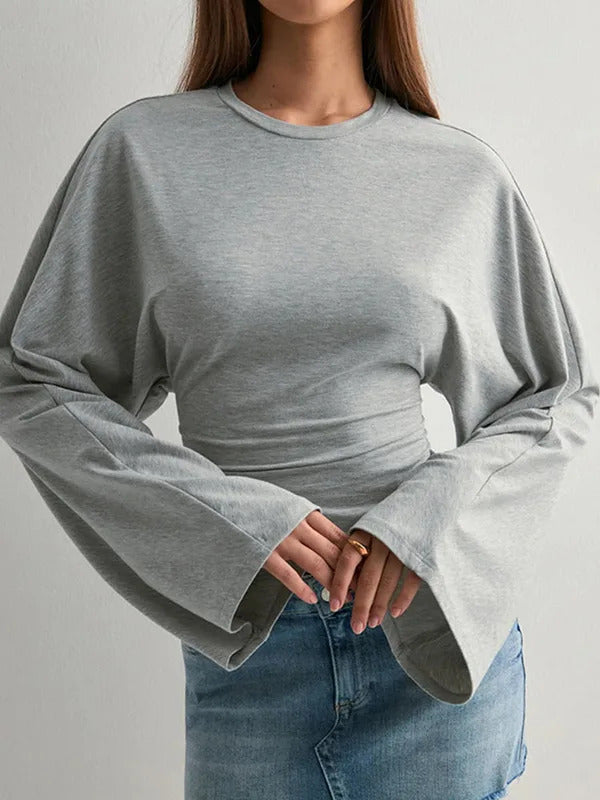 Damen Langarm O-Ausschnitt Skinny T-Shirt Monochromatisches Crop Top Casual Y2K Streetwear Fashion Pullover Sommer Outfit