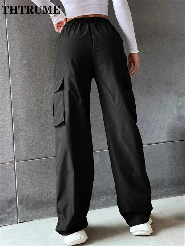 Vintage Streetwear Cargo Hosen Mode Frauen Solide Übergroßen Tasche Hohe Taille Baggy Hose Beiläufige Hip Hop Gerade Neue Hosen