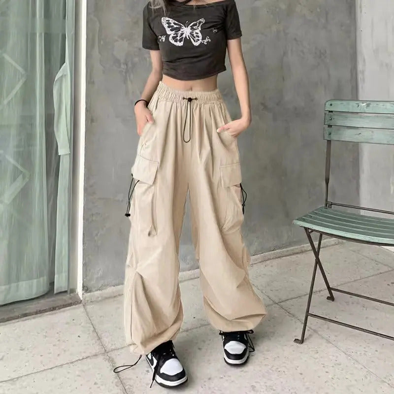 2025frauen Casual Jogger Tech Hosen Feste Niedrige Taille Hosen Kordelzug Breite Bein Baggy Hosen Y2k Streetwear Oversize Jogginghose