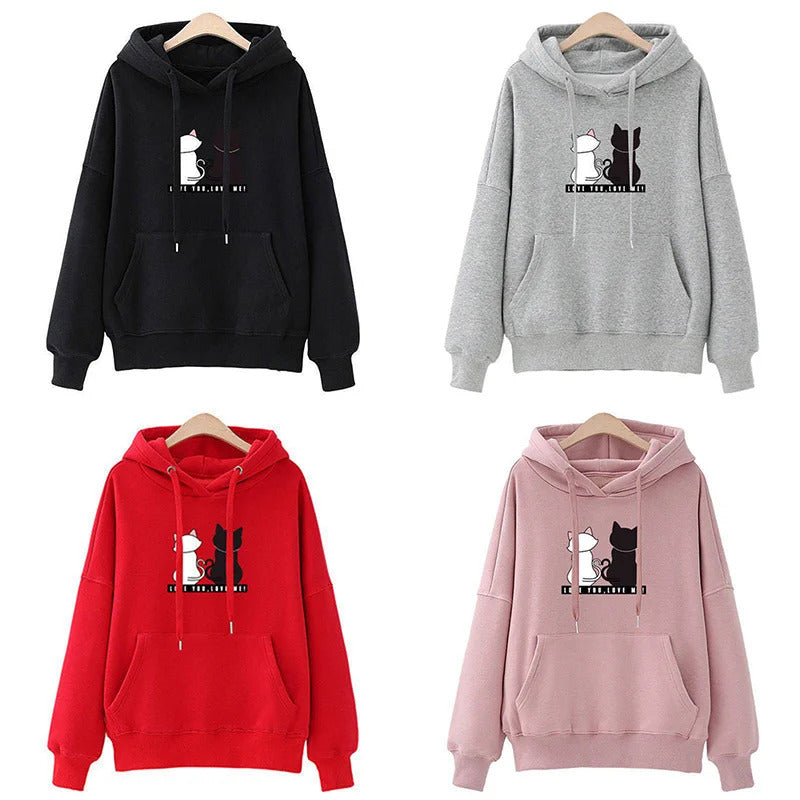 2025 Herbst Hoodie Damen Casual Kapuzenpullover Kreativer Hoodie Passende Streetwear Niedliches Katzenmuster Monogramm Hoodie