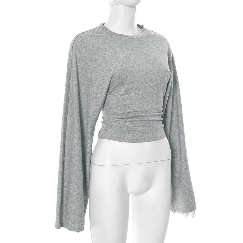 Damen Langarm O-Ausschnitt Skinny T-Shirt Monochromatisches Crop Top Casual Y2K Streetwear Fashion Pullover Sommer Outfit