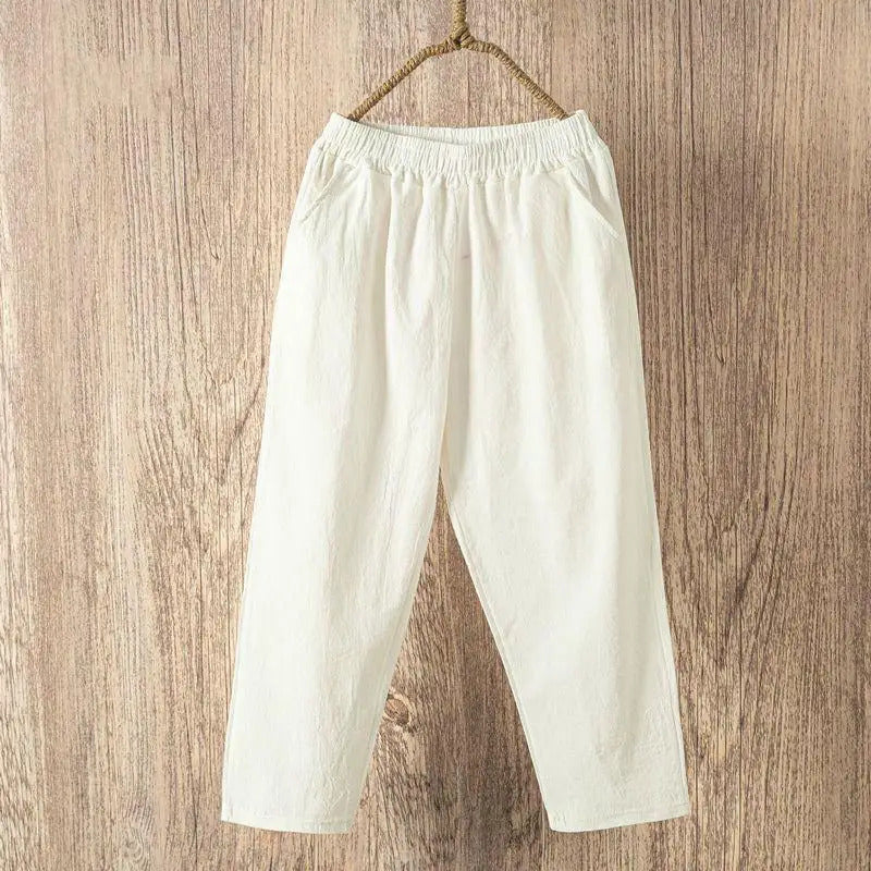 Frauen Sommer Casual Lose Harem Elastische Taille Baumwolle Leinen Hosen Neunte Hosen