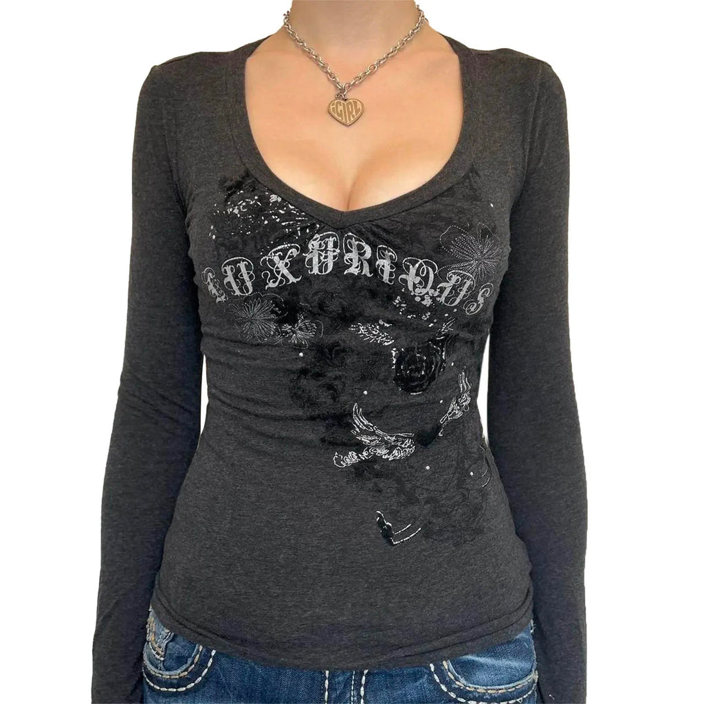 Frauen Langarm T-Shirt Grafik Gothic Print Punk Grunge Y2k ästhetische T-Shirts Frühling Herbst Shirts