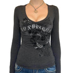 Frauen Langarm T-Shirt Grafik Gothic Print Punk Grunge Y2k ästhetische T-Shirts Frühling Herbst Shirts