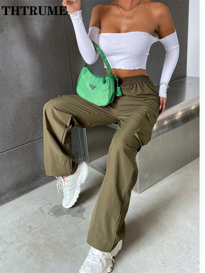 Vintage Streetwear Cargo Hosen Mode Frauen Solide Übergroßen Tasche Hohe Taille Baggy Hose Beiläufige Hip Hop Gerade Neue Hosen
