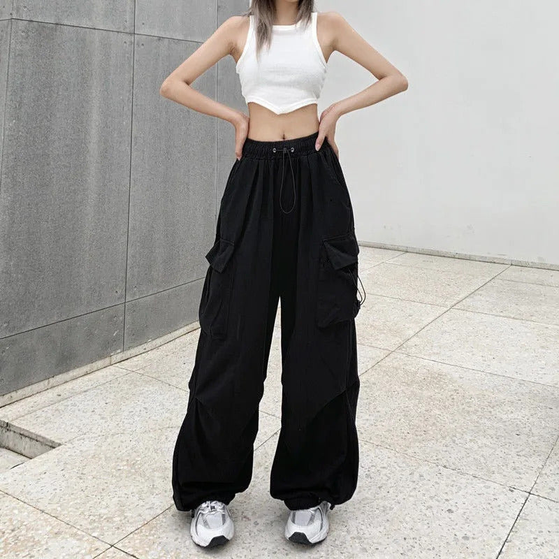 2025frauen Casual Jogger Tech Hosen Feste Niedrige Taille Hosen Kordelzug Breite Bein Baggy Hosen Y2k Streetwear Oversize Jogginghose