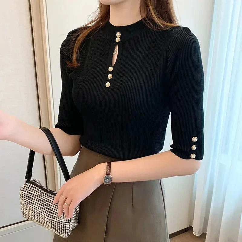 2025 frühling Herbst Korean Fashion Solid Pullover Frauen Kurzarm Tops Pull Femme Beiläufige Dünne Weibliche Pullover Gestrickte Kleidung