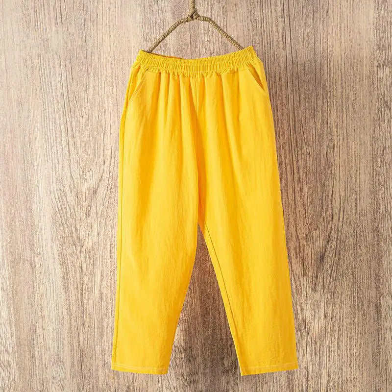 Frauen Sommer Casual Lose Harem Elastische Taille Baumwolle Leinen Hosen Neunte Hosen