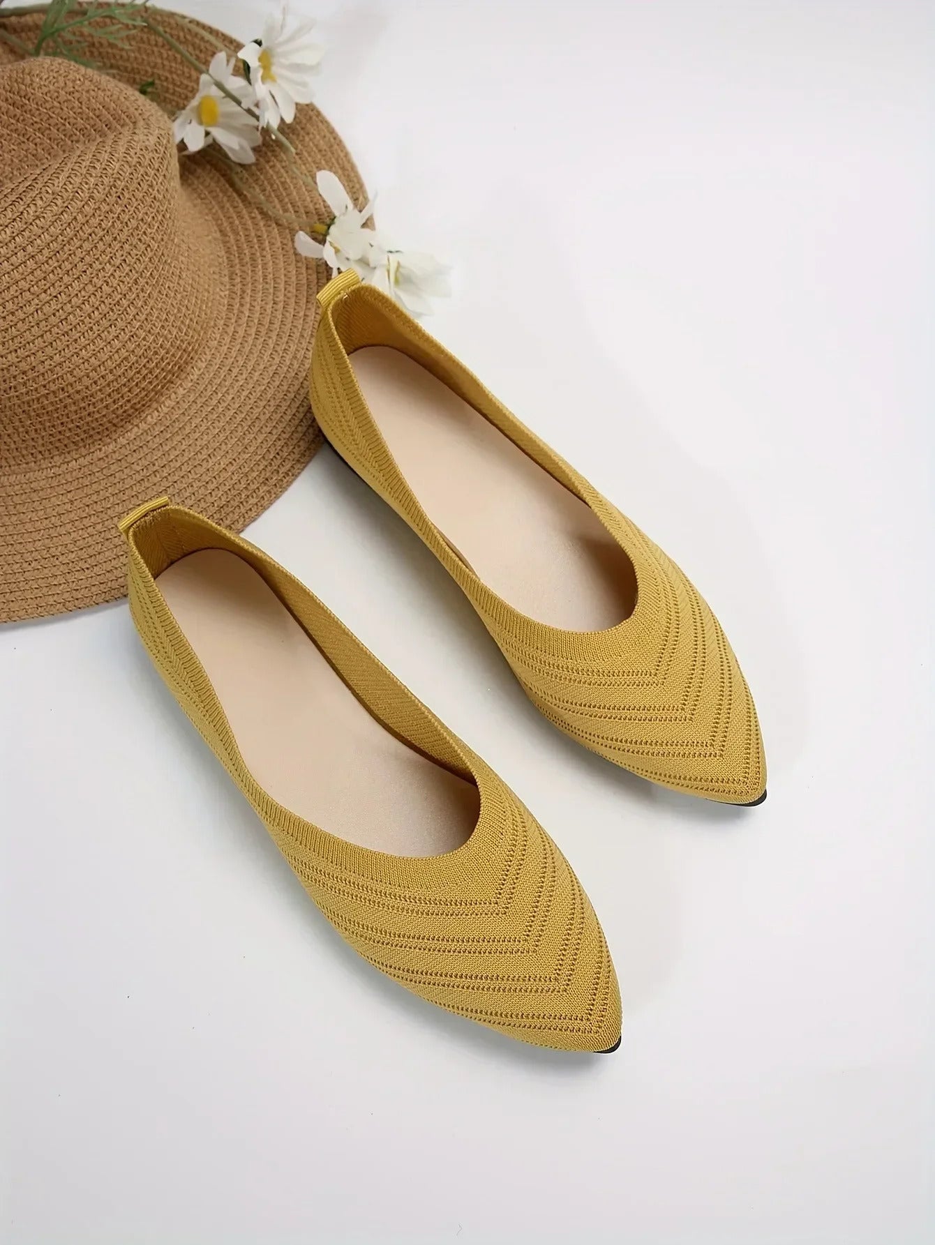 Damen Spitzschuh Flache Schuhe Einfarbig Gestrickte Slip-on-Schuhe Lässige Atmungsaktive Ballerinas Damen Flache Schuhe Müßiggänger Damen