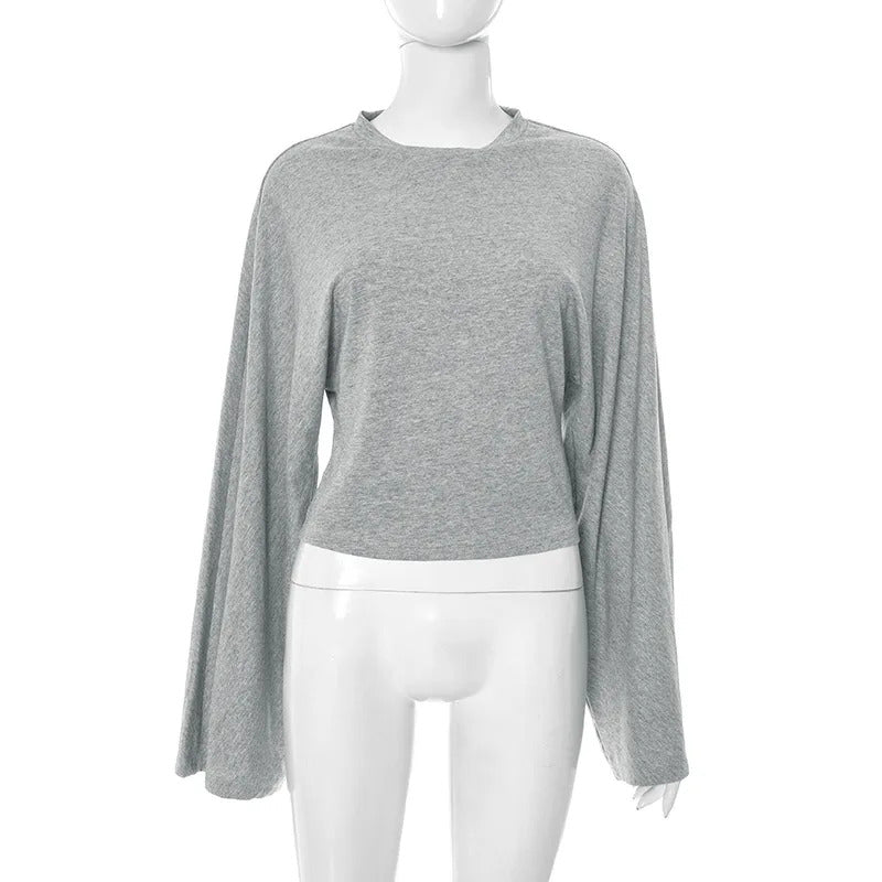 Damen Langarm O-Ausschnitt Skinny T-Shirt Monochromatisches Crop Top Casual Y2K Streetwear Fashion Pullover Sommer Outfit