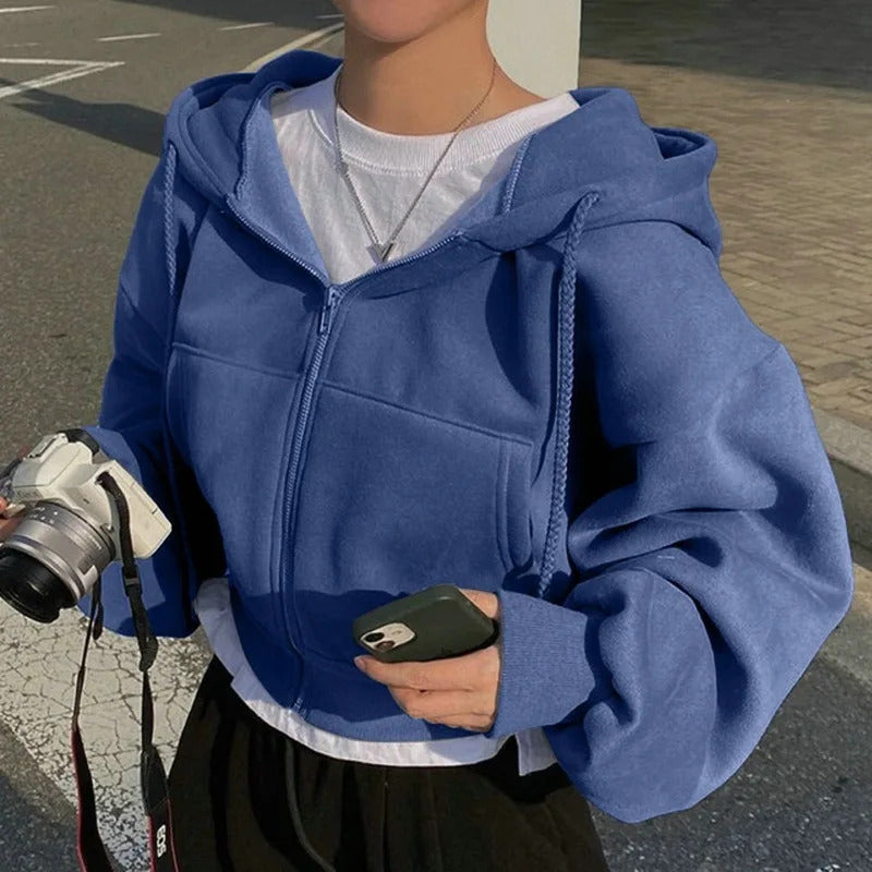 2025Frühling Herbst Neues, mit Fleece gefüttertes, vielseitiges, abgeschnittenes Slims glättet Silhouette mit Reißverschluss, warmes, marineblaues Kapuzen-Sweatshirt für Damen