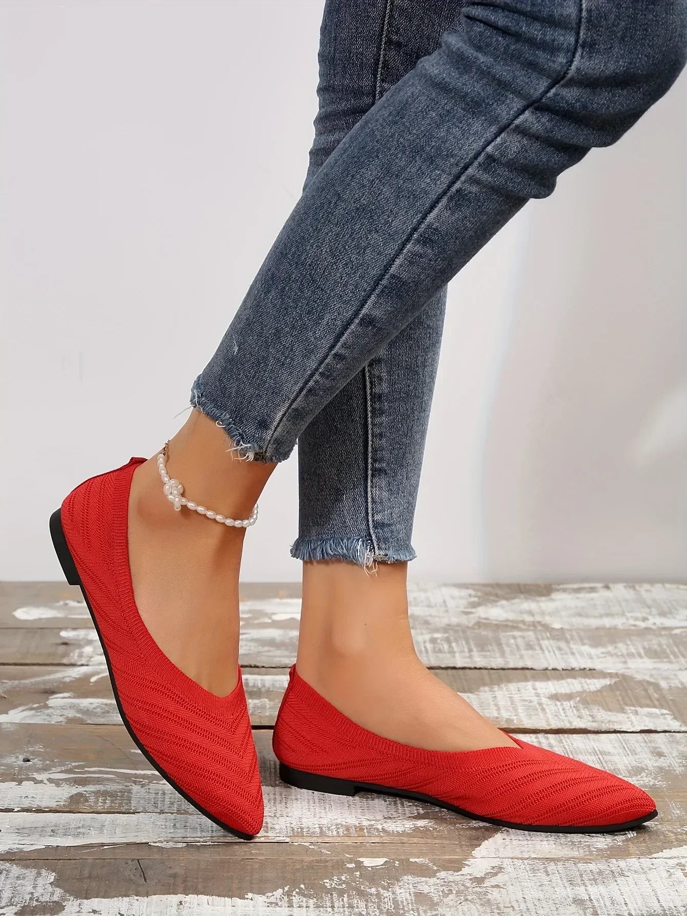 Damen Spitzschuh Flache Schuhe Einfarbig Gestrickte Slip-on-Schuhe Lässige Atmungsaktive Ballerinas Damen Flache Schuhe Müßiggänger Damen