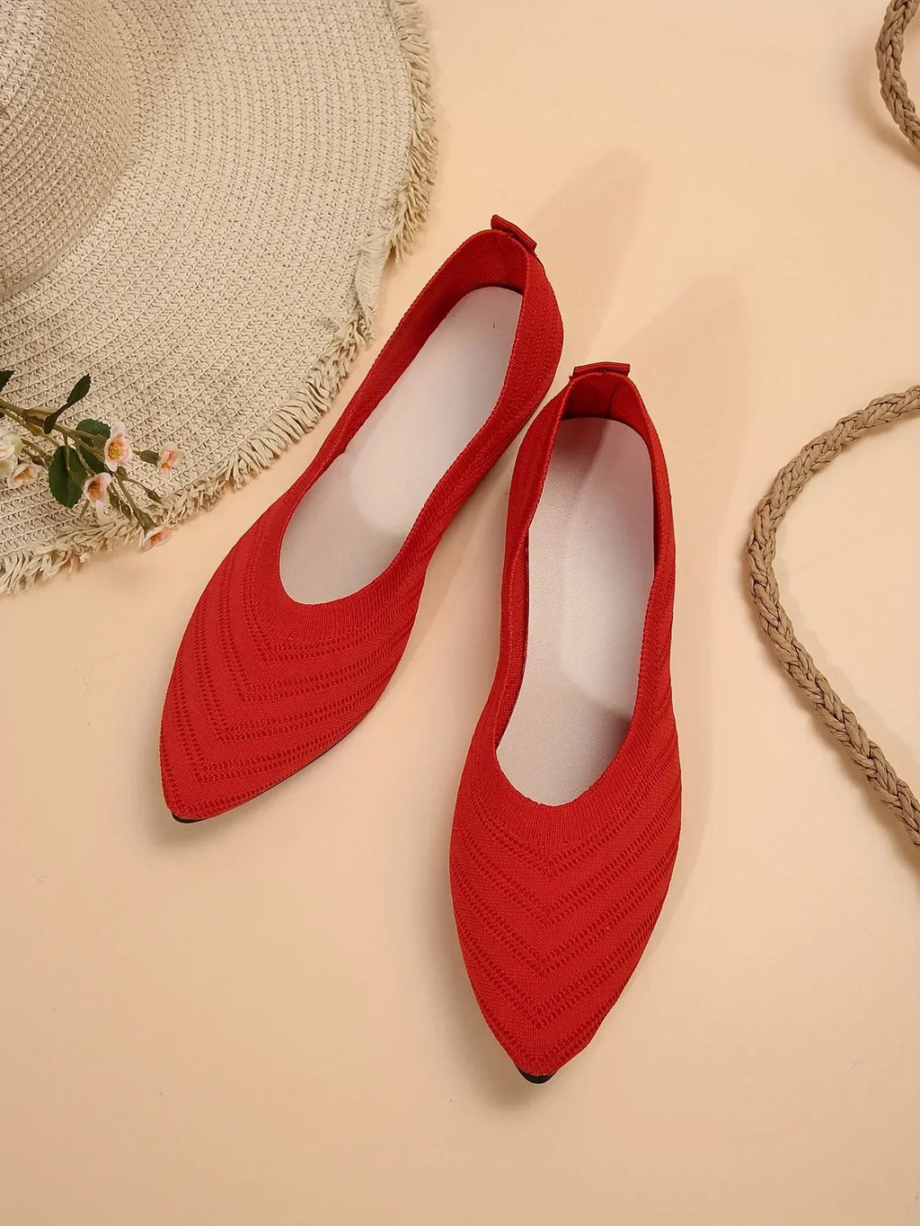 Damen Spitzschuh Flache Schuhe Einfarbig Gestrickte Slip-on-Schuhe Lässige Atmungsaktive Ballerinas Damen Flache Schuhe Müßiggänger Damen