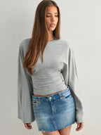 Damen Langarm O-Ausschnitt Skinny T-Shirt Monochromatisches Crop Top Casual Y2K Streetwear Fashion Pullover Sommer Outfit