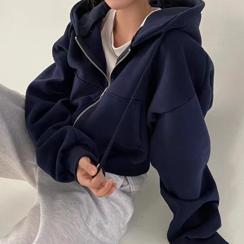 2025Frühling Herbst Neues, mit Fleece gefüttertes, vielseitiges, abgeschnittenes Slims glättet Silhouette mit Reißverschluss, warmes, marineblaues Kapuzen-Sweatshirt für Damen