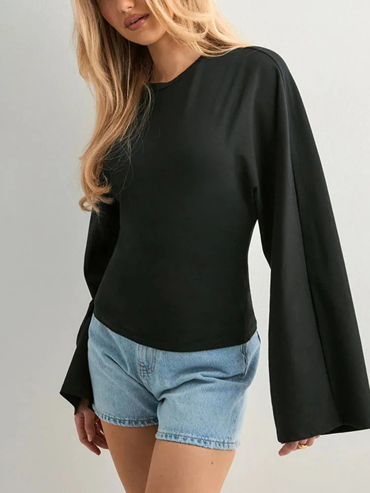 Damen Langarm O-Ausschnitt Skinny T-Shirt Monochromatisches Crop Top Casual Y2K Streetwear Fashion Pullover Sommer Outfit