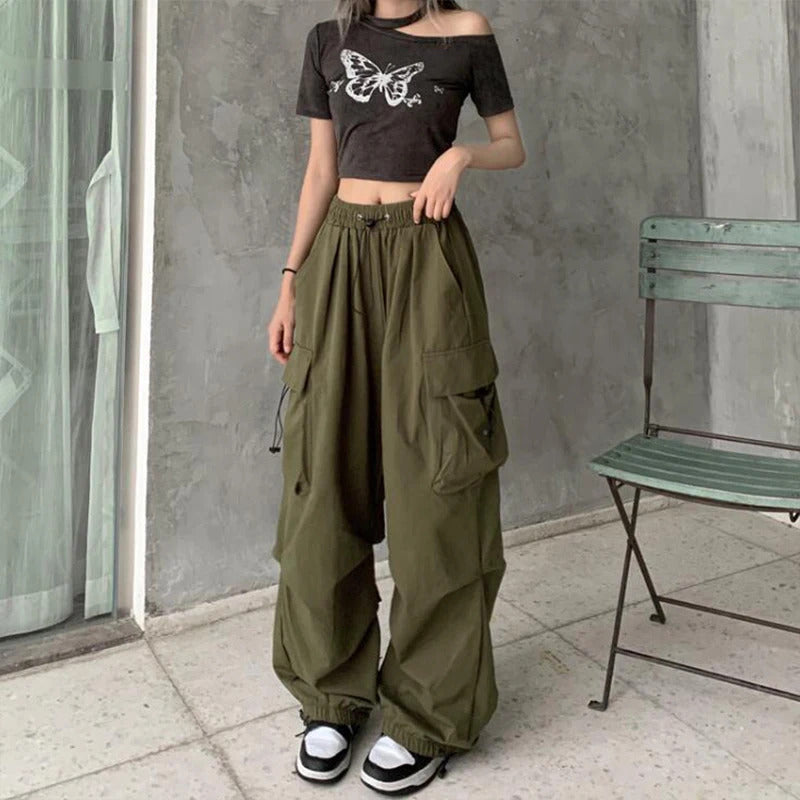 2025frauen Casual Jogger Tech Hosen Feste Niedrige Taille Hosen Kordelzug Breite Bein Baggy Hosen Y2k Streetwear Oversize Jogginghose