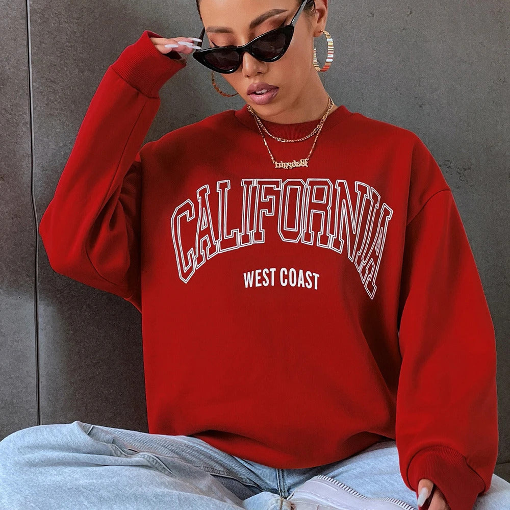 Koreanischer Trend-Sweatshirt für Damen, California West Coast Print, weiblicher Kapuzenpullover mit langen Ärmeln, O-Ausschnitt, sportliche und reichhaltige Kleidung