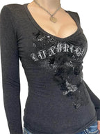 Frauen Langarm T-Shirt Grafik Gothic Print Punk Grunge Y2k ästhetische T-Shirts Frühling Herbst Shirts