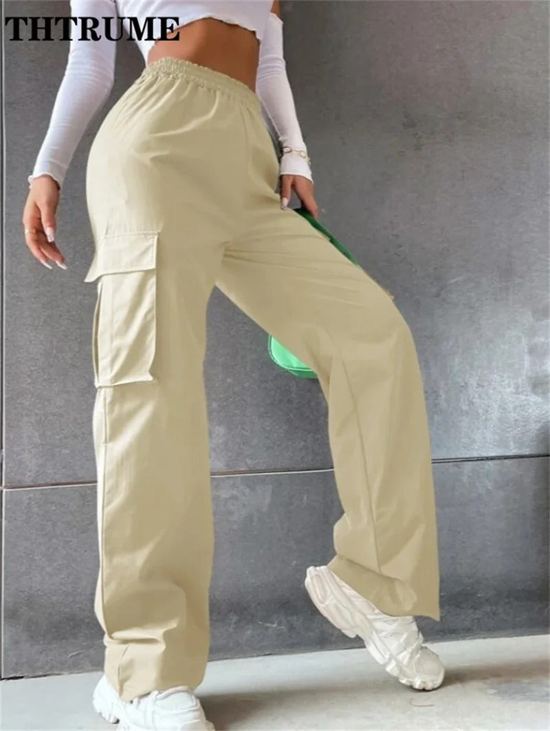 Vintage Streetwear Cargo Hosen Mode Frauen Solide Übergroßen Tasche Hohe Taille Baggy Hose Beiläufige Hip Hop Gerade Neue Hosen