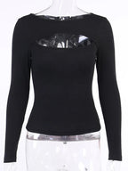 Herbst Frauen t-shirt Aushöhlen Solide Schwarz Weiß Langarm Gestrickte T Tops Beiläufige Dünne O Neck Mode t hemd
