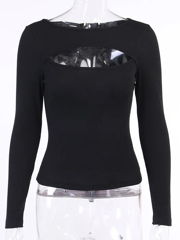 Herbst Frauen t-shirt Aushöhlen Solide Schwarz Weiß Langarm Gestrickte T Tops Beiläufige Dünne O Neck Mode t hemd
