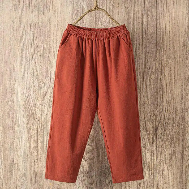 Frauen Sommer Casual Lose Harem Elastische Taille Baumwolle Leinen Hosen Neunte Hosen