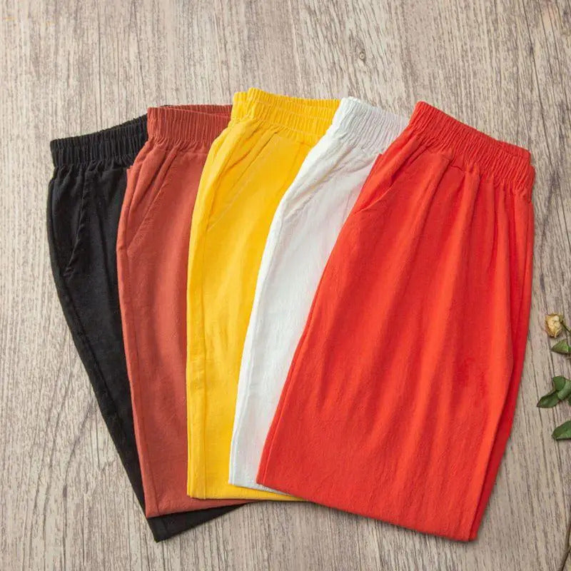 Frauen Sommer Casual Lose Harem Elastische Taille Baumwolle Leinen Hosen Neunte Hosen