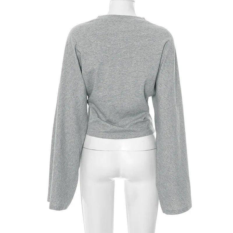 Damen Langarm O-Ausschnitt Skinny T-Shirt Monochromatisches Crop Top Casual Y2K Streetwear Fashion Pullover Sommer Outfit