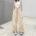 2025frauen Casual Jogger Tech Hosen Feste Niedrige Taille Hosen Kordelzug Breite Bein Baggy Hosen Y2k Streetwear Oversize Jogginghose
