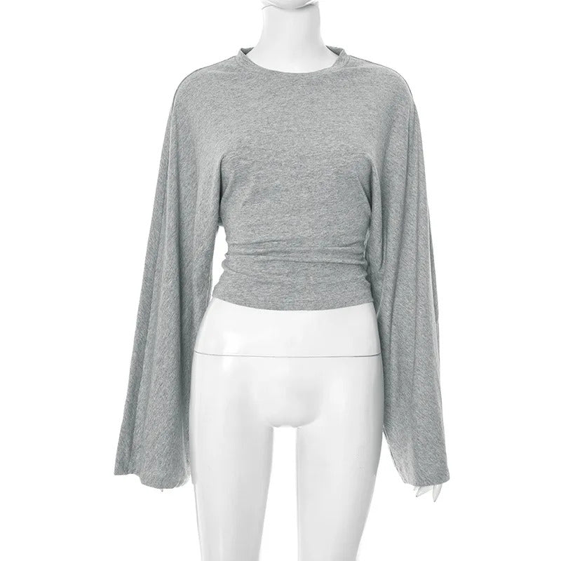 Damen Langarm O-Ausschnitt Skinny T-Shirt Monochromatisches Crop Top Casual Y2K Streetwear Fashion Pullover Sommer Outfit
