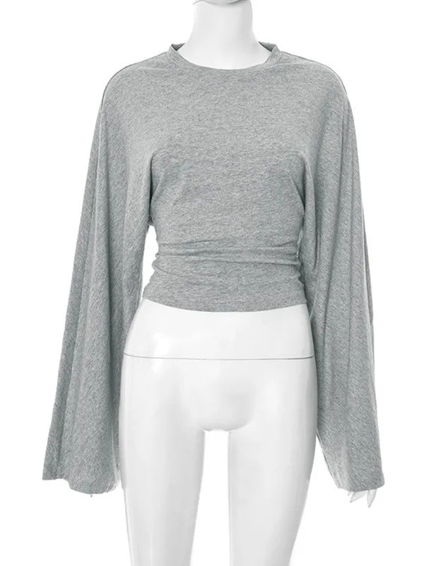 Damen Langarm O-Ausschnitt Skinny T-Shirt Monochromatisches Crop Top Casual Y2K Streetwear Fashion Pullover Sommer Outfit
