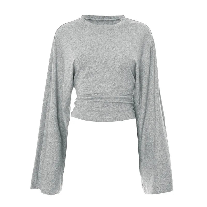 Damen Langarm O-Ausschnitt Skinny T-Shirt Monochromatisches Crop Top Casual Y2K Streetwear Fashion Pullover Sommer Outfit
