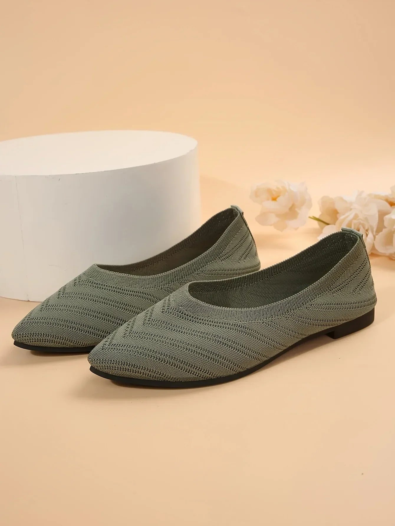 Damen Spitzschuh Flache Schuhe Einfarbig Gestrickte Slip-on-Schuhe Lässige Atmungsaktive Ballerinas Damen Flache Schuhe Müßiggänger Damen