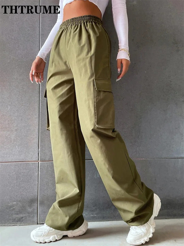 Vintage Streetwear Cargo Hosen Mode Frauen Solide Übergroßen Tasche Hohe Taille Baggy Hose Beiläufige Hip Hop Gerade Neue Hosen