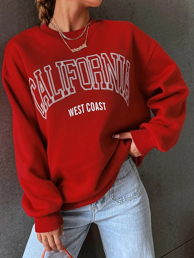Koreanischer Trend-Sweatshirt für Damen, California West Coast Print, weiblicher Kapuzenpullover mit langen Ärmeln, O-Ausschnitt, sportliche und reichhaltige Kleidung