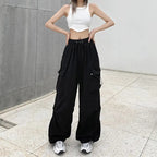 2025frauen Casual Jogger Tech Hosen Feste Niedrige Taille Hosen Kordelzug Breite Bein Baggy Hosen Y2k Streetwear Oversize Jogginghose
