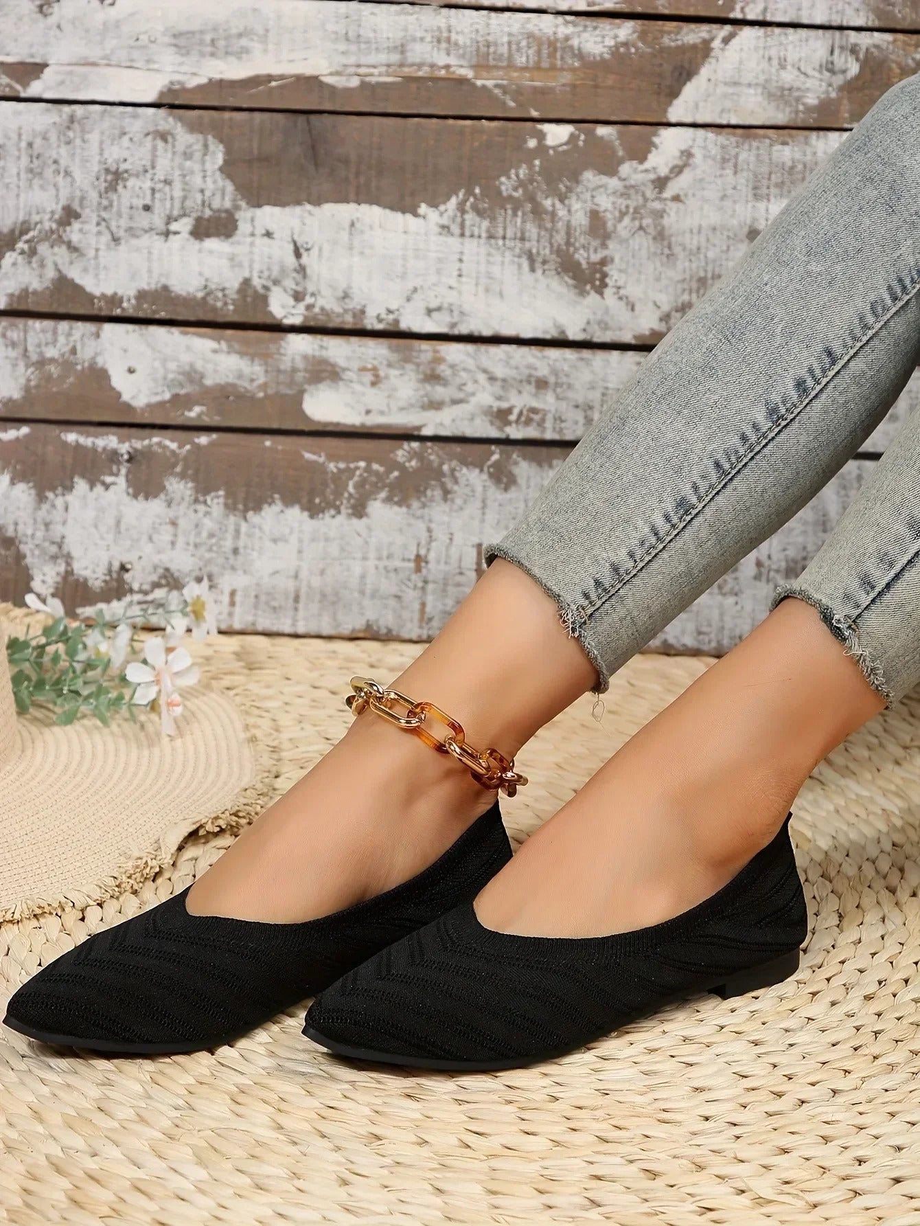 Damen Spitzschuh Flache Schuhe Einfarbig Gestrickte Slip-on-Schuhe Lässige Atmungsaktive Ballerinas Damen Flache Schuhe Müßiggänger Damen